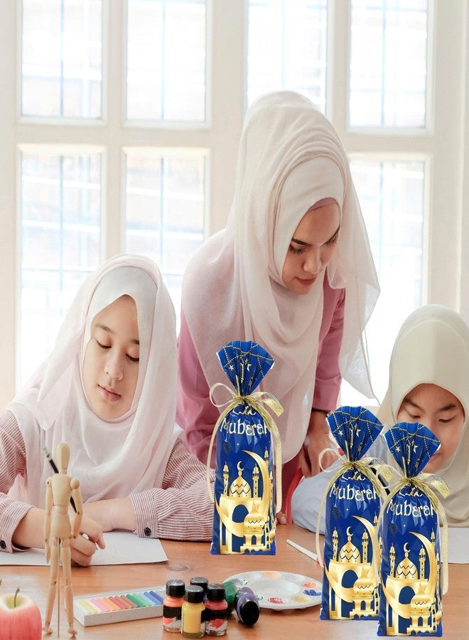 Whaline 100 Pcs Eid Mubarak Cellophane Bags with Ribbon Ramadan Plastic Treat Bags Blue Gold Candy Goodie Bags for Islamic Muslim Party Snack Cookie Packing Supplies - Image 5