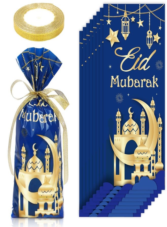 Whaline 100 Pcs Eid Mubarak Cellophane Bags with Ribbon Ramadan Plastic Treat Bags Blue Gold Candy Goodie Bags for Islamic Muslim Party Snack Cookie Packing Supplies - Image 1