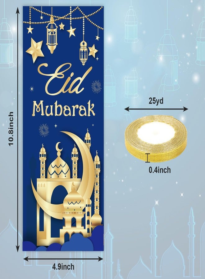 Whaline 100 Pcs Eid Mubarak Cellophane Bags with Ribbon Ramadan Plastic Treat Bags Blue Gold Candy Goodie Bags for Islamic Muslim Party Snack Cookie Packing Supplies - Image 2