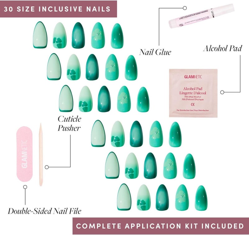 Glamnetic Cross part assemble fit Press On Nails - Siren Green | Short Almond Fake Nails with an Aquamarine Gradient and Tropical Flower Accents, Salon Quality Summer Nails | 15 Sizes - 30 Nail Kit with Glue Newly stocked local goods - Image 4