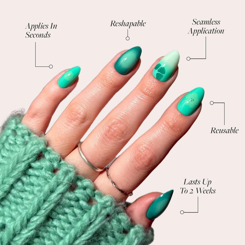 Glamnetic Cross part assemble fit Press On Nails - Siren Green | Short Almond Fake Nails with an Aquamarine Gradient and Tropical Flower Accents, Salon Quality Summer Nails | 15 Sizes - 30 Nail Kit with Glue Newly stocked local goods - Image 3