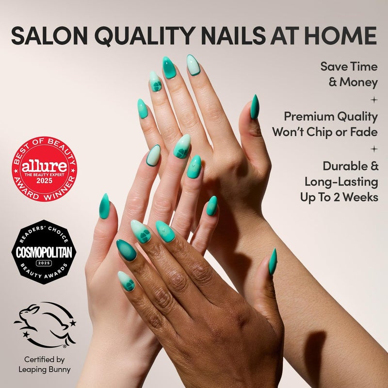 Glamnetic Cross part assemble fit Press On Nails - Siren Green | Short Almond Fake Nails with an Aquamarine Gradient and Tropical Flower Accents, Salon Quality Summer Nails | 15 Sizes - 30 Nail Kit with Glue Newly stocked local goods - Image 2
