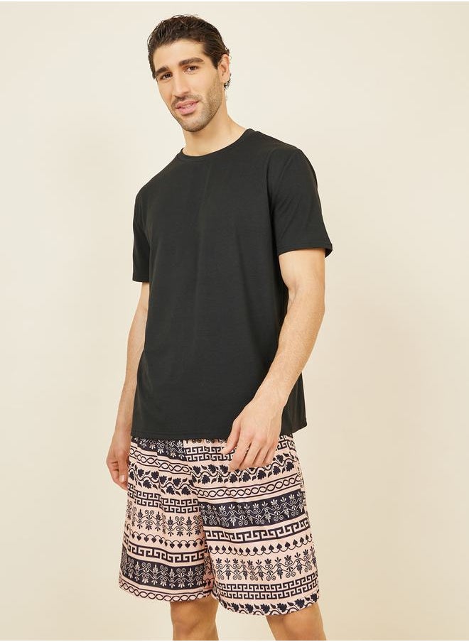 Styli - Solid Crew Neck T-shirt and Boho Print Shorts Set - Image 1
