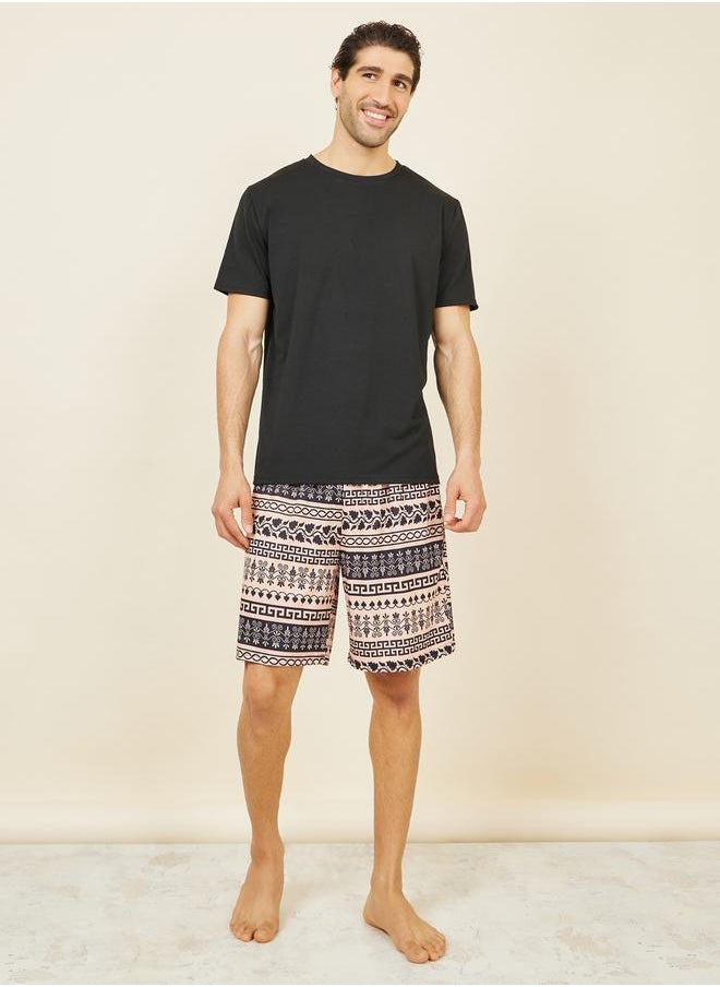 Styli - Solid Crew Neck T-shirt and Boho Print Shorts Set - Image 1