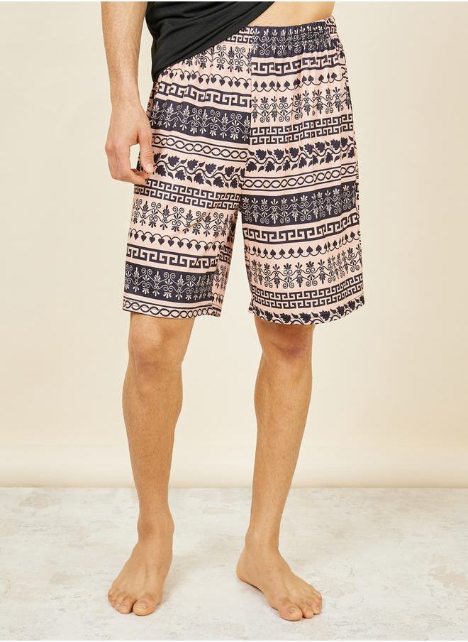 Styli - Solid Crew Neck T-shirt and Boho Print Shorts Set - Image 1