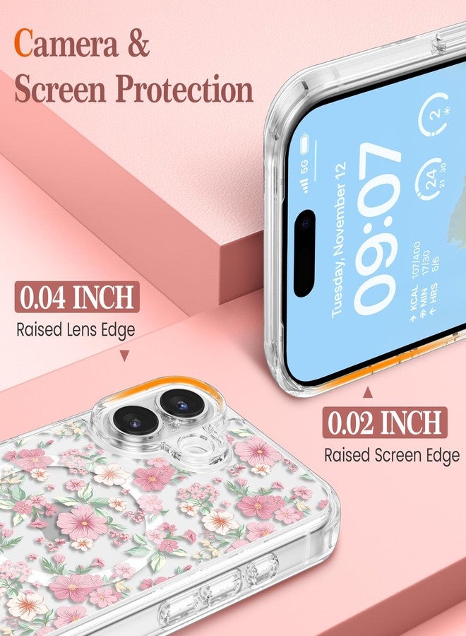 RALEAVO جراب RALEAVO لهاتف iPhone 16، [متوافق مع Magsafe] جراب حماية مغناطيسي مقاوم للصدمات بنقشة زهور، جراب سيليكون شفاف مضاد للاصفرار لهاتف iPhone 16 بنقشة زهور وردية - Image 4