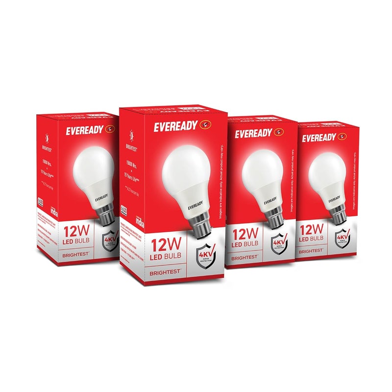 Eveready لمبة LED إيفر ريدي 12 واط كفاءة عالية إضاءة خالية من الوهج حماية من زيادة الجهد 4KV مع نطاق تشغيل واسع 100 لومن لكل واط ضوء نهاري بارد 6500K عبوة من 4 B22D - Image 1
