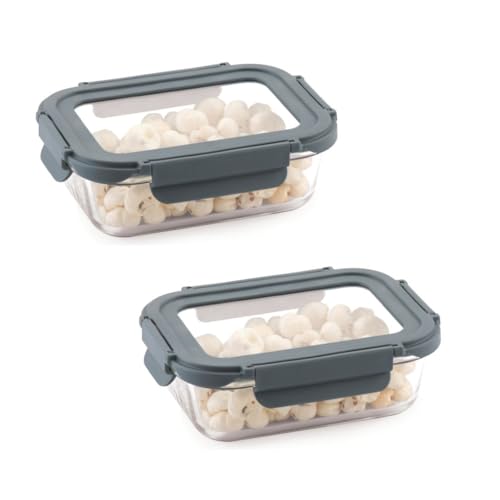ATTRO Glassox Borosilicate Rectangular Glass Lunch Box with Tempered Glass Lid Food Storage Container Microwave & Freezer Safe Leak-Proof 370ml Set of 2 - Image 1