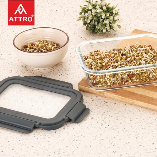 ATTRO Glassox Borosilicate Rectangular Glass Lunch Box with Tempered Glass Lid Food Storage Container Microwave & Freezer Safe Leak-Proof 370ml Set of 2 - Image 2