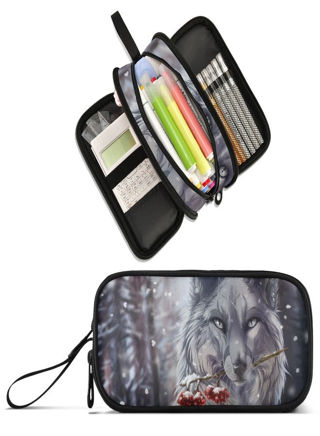 XUWU Wolf Large Capacity Pencil Case Pencil Pouch Office School Large Storage Pen Bag 3 Compartment pencil box for Adults School Teen Girl Boy Men Women - Image 1