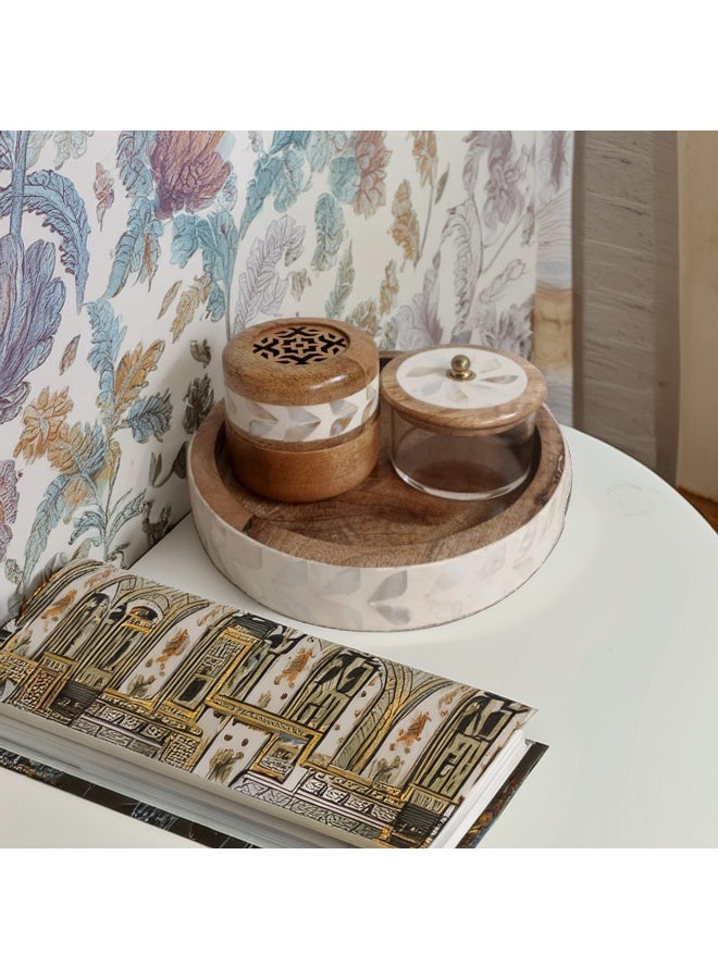 Elegant natural wood incense burner set with ceramic decoration on the side, consisting of (3 pieces), including an incense box, made in India  - Image 1