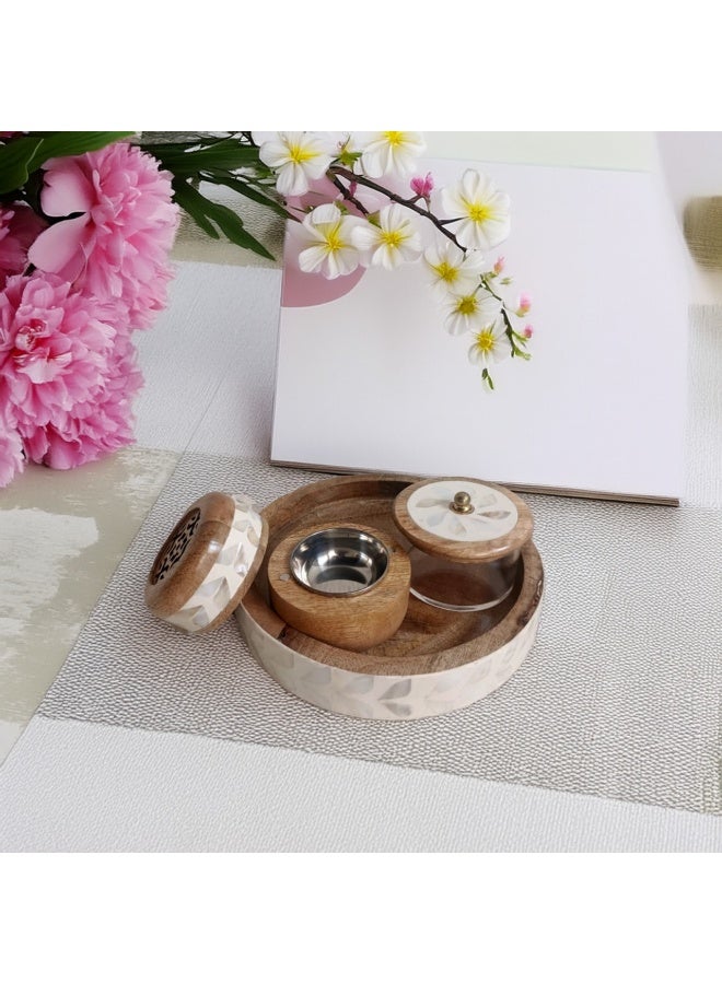 Elegant natural wood incense burner set with ceramic decoration on the side, consisting of (3 pieces), including an incense box, made in India  - Image 3