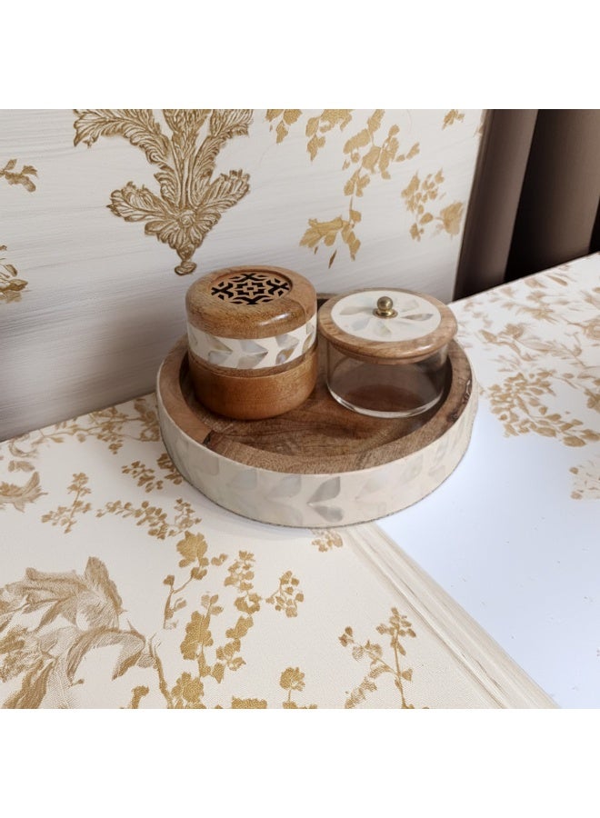 Elegant natural wood incense burner set with ceramic decoration on the side, consisting of (3 pieces), including an incense box, made in India  - Image 4