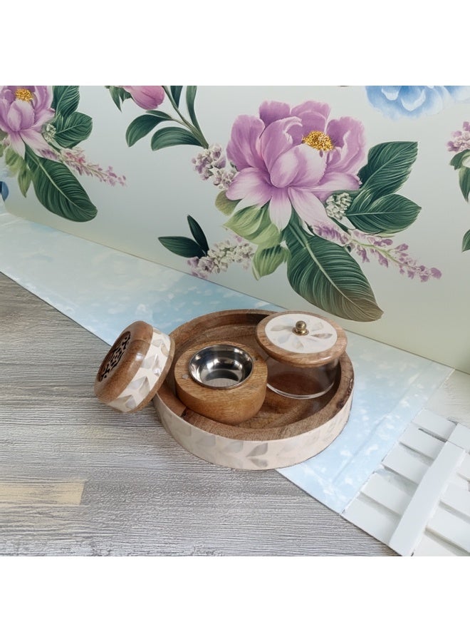 Elegant natural wood incense burner set with ceramic decoration on the side, consisting of (3 pieces), including an incense box, made in India  - Image 2