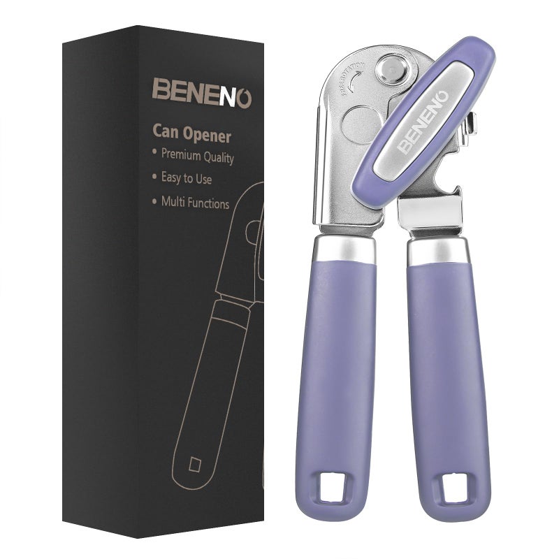 Beneno Heavy Duty Hand Can Opener Manual with Magnet Durable Sharp Carbon Steel Blade Smooth Cutting Big EffortSaving Knob Soft Grip Handle Multifunctional Kitchen Tool with Bottle Opener Purple