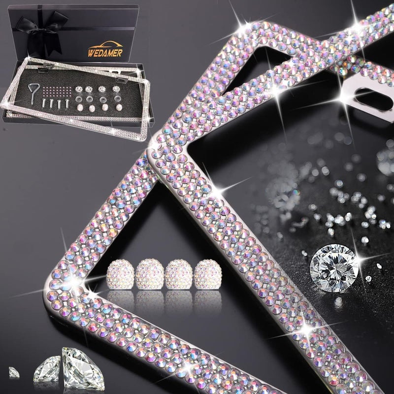 إطار لوحة ترخيص WEDAMER اللامع للنساء، حزمة من 2 إطار لوحة ترخيص مرصع بأحجار الراين، إطار لوحة ترخيص لامع، إطار لوحة ترخيص ماسي، إطار لوحة ترخيص براق، حامل إطار لوحة ترخيص مزين بأحجار الراين - Image 3