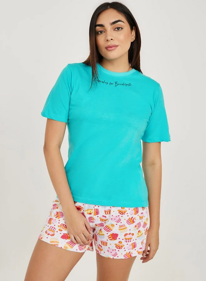 Styli Cupcakes for Breakfast Slogan T-Shirt & Short Set