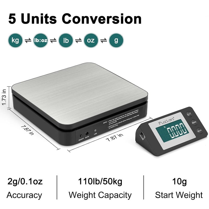 FUZION Shipping Scale - Wireless Postal Scale | Wireless Control(up to 17ft), 110LB x 0.1oz, Large LCD Display, 5 Units, Dual Power Options, Digital Scale for Packages - Image 2