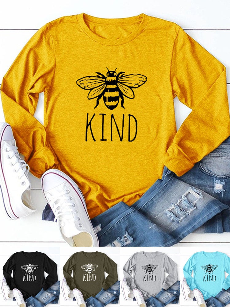 2019Kind Bee Print New Long Sleeve Pullover Women's T-Shirt, Casual Joker Loose T-Shirt - Image 2