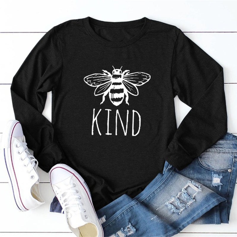 2019Kind Bee Print New Long Sleeve Pullover Women's T-Shirt, Casual Joker Loose T-Shirt - Image 3