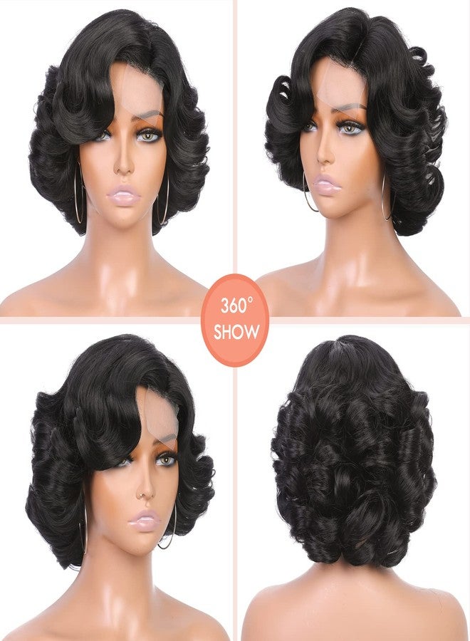 Lady Miranda Short Curly Wig Short Bob Loose Wave Wigs for Black Women Lace Part Wig Side Part Wigs Nature Curly Synthetic Heat Resistant Weave Full Wigs for Women(Black) - Image 4