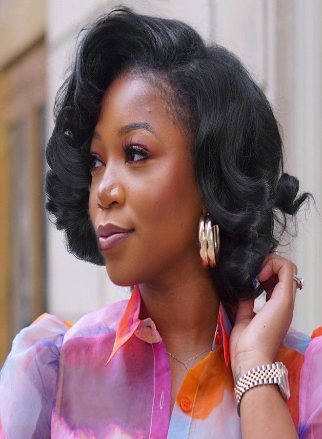 Lady Miranda Short Curly Wig Short Bob Loose Wave Wigs for Black Women Lace Part Wig Side Part Wigs Nature Curly Synthetic Heat Resistant Weave Full Wigs for Women(Black) - Image 1