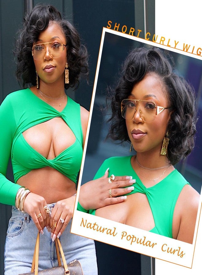 Lady Miranda Short Curly Wig Short Bob Loose Wave Wigs for Black Women Lace Part Wig Side Part Wigs Nature Curly Synthetic Heat Resistant Weave Full Wigs for Women(Black) - Image 3