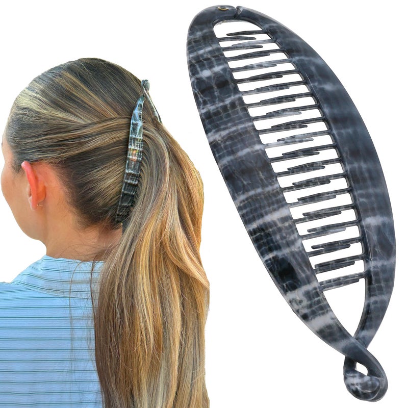 Camila Paris CP3100 French Extra Large Banana Clip Hair Comb Gray Classic Banana Clips Hair for Thick Hair Ponytail Holder Interlocking Styling Clips for Women Made in France
