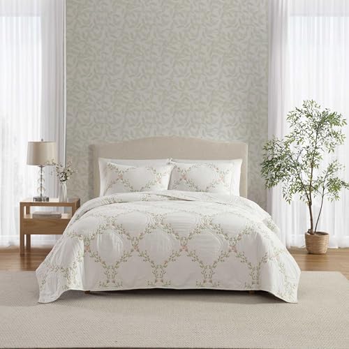 Laura Ashley Twin Quilt Set Super Soft Breathable Embroidered Bedding with Matching Shams Floral Home Decor Floral Embroidery Pink Twin - Image 1