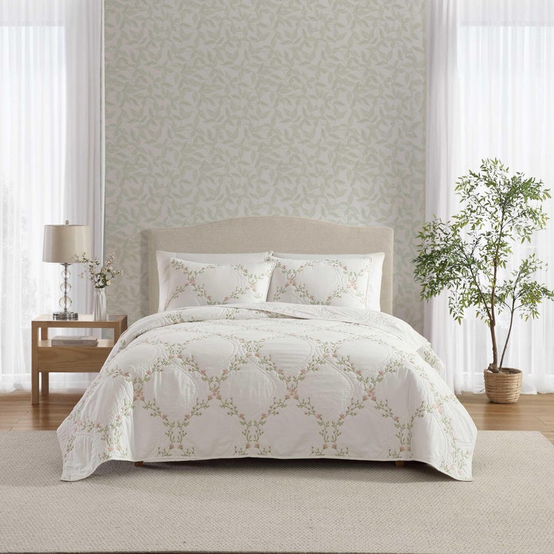 Laura Ashley Twin Quilt Set Super Soft Breathable Embroidered Bedding with Matching Shams Floral Home Decor Floral Embroidery Pink Twin - Image 2
