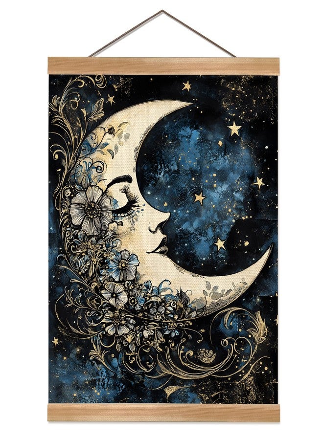 ZTGDA Moon Wall Art Decor- Vintage Hanging Wall Painting Abstract Poster with Solid Wood Frame, Boho Wall Decor,Mystical Celestial Floral Poster for Bedroom, Office(Moon) - Image 1
