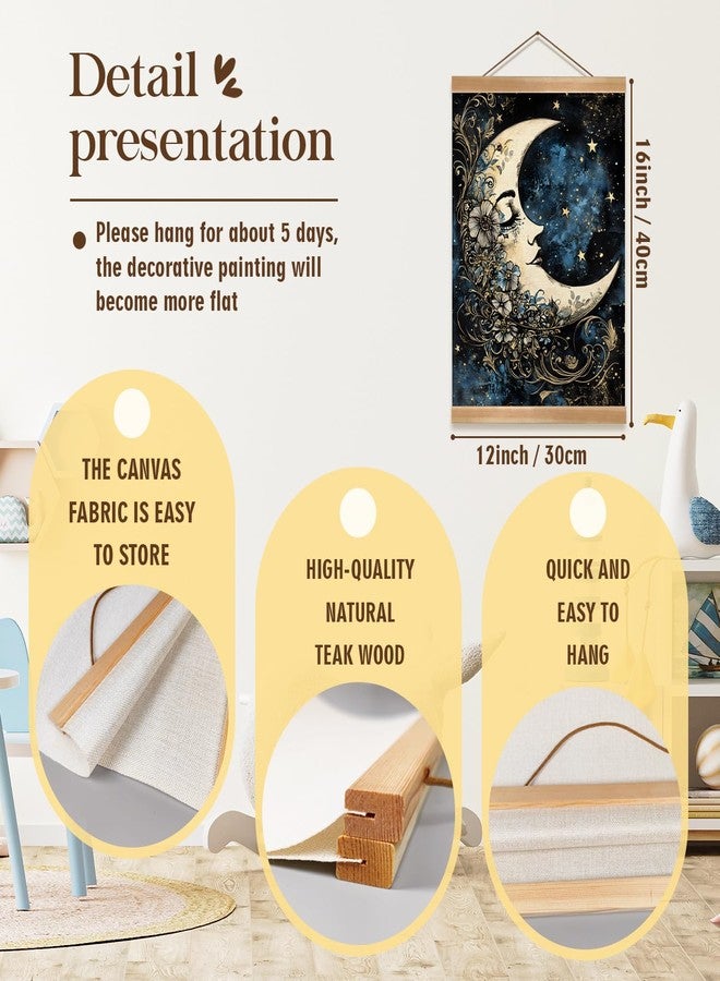 ZTGDA Moon Wall Art Decor- Vintage Hanging Wall Painting Abstract Poster with Solid Wood Frame, Boho Wall Decor,Mystical Celestial Floral Poster for Bedroom, Office(Moon) - Image 2