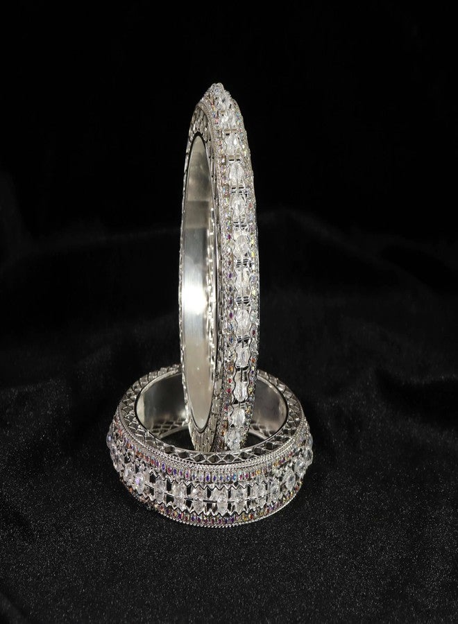 NMII White Plated Metal with American Diamond & Pearls Bangles For Women & Girls | White Stone Bangles For Women | White Stone Kada For Women | Oxidised Bangles | Bridal Kada-(MAH85-Silver-2.2) - Image 3
