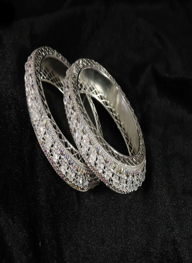 NMII White Plated Metal with American Diamond & Pearls Bangles For Women & Girls | White Stone Bangles For Women | White Stone Kada For Women | Oxidised Bangles | Bridal Kada-(MAH85-Silver-2.2) - Image 4