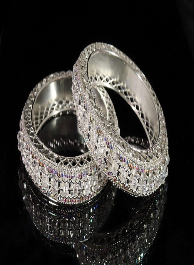 NMII White Plated Metal with American Diamond & Pearls Bangles For Women & Girls | White Stone Bangles For Women | White Stone Kada For Women | Oxidised Bangles | Bridal Kada-(MAH85-Silver-2.2) - Image 2
