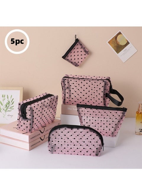 5-piece multifunctional cosmetic bag set of different sizes - portable zipper with handle, travel toiletry bag, storage bag, shopping clutch, wallet, love mesh design, large capacity to meet multiple scenarios, suitable for daily home office shopping travel accessories.