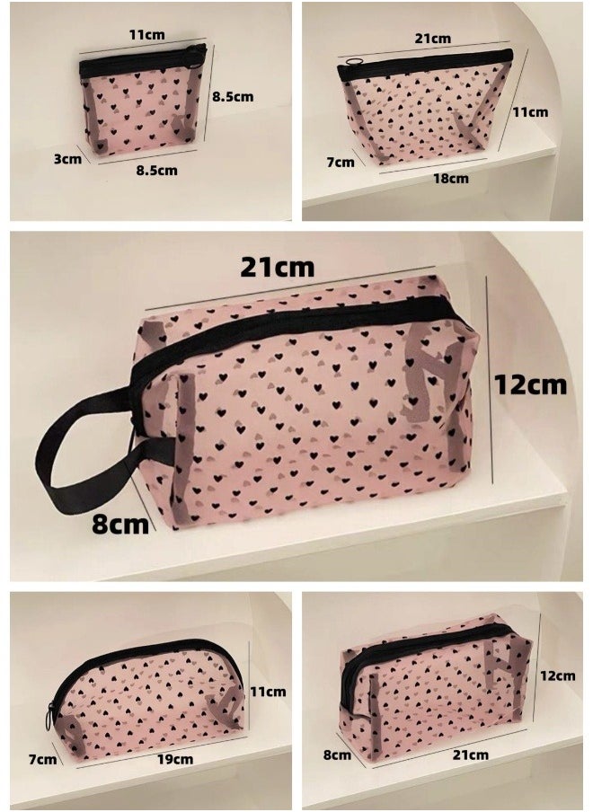 5-piece multifunctional cosmetic bag set of different sizes - portable zipper with handle, travel toiletry bag, storage bag, shopping clutch, wallet, love mesh design, large capacity to meet multiple scenarios, suitable for daily home office shopping travel accessories.