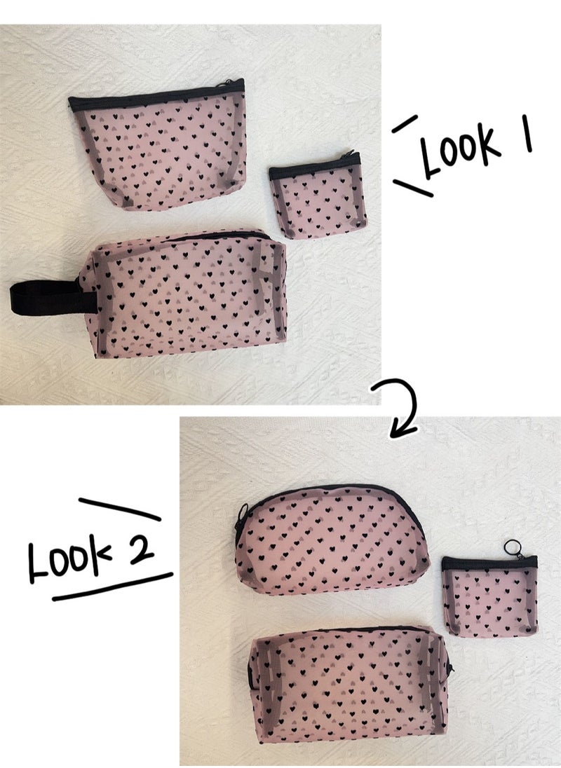 5-piece multifunctional cosmetic bag set of different sizes - portable zipper with handle, travel toiletry bag, storage bag, shopping clutch, wallet, love mesh design, large capacity to meet multiple scenarios, suitable for daily home office shopping travel accessories.