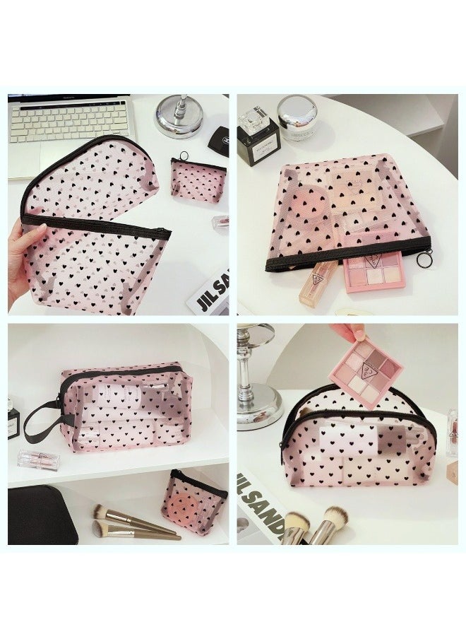 5-piece multifunctional cosmetic bag set of different sizes - portable zipper with handle, travel toiletry bag, storage bag, shopping clutch, wallet, love mesh design, large capacity to meet multiple scenarios, suitable for daily home office shopping travel accessories.