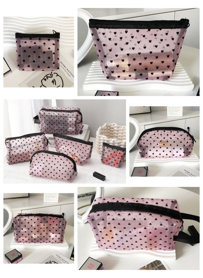 5-piece multifunctional cosmetic bag set of different sizes - portable zipper with handle, travel toiletry bag, storage bag, shopping clutch, wallet, love mesh design, large capacity to meet multiple scenarios, suitable for daily home office shopping travel accessories.