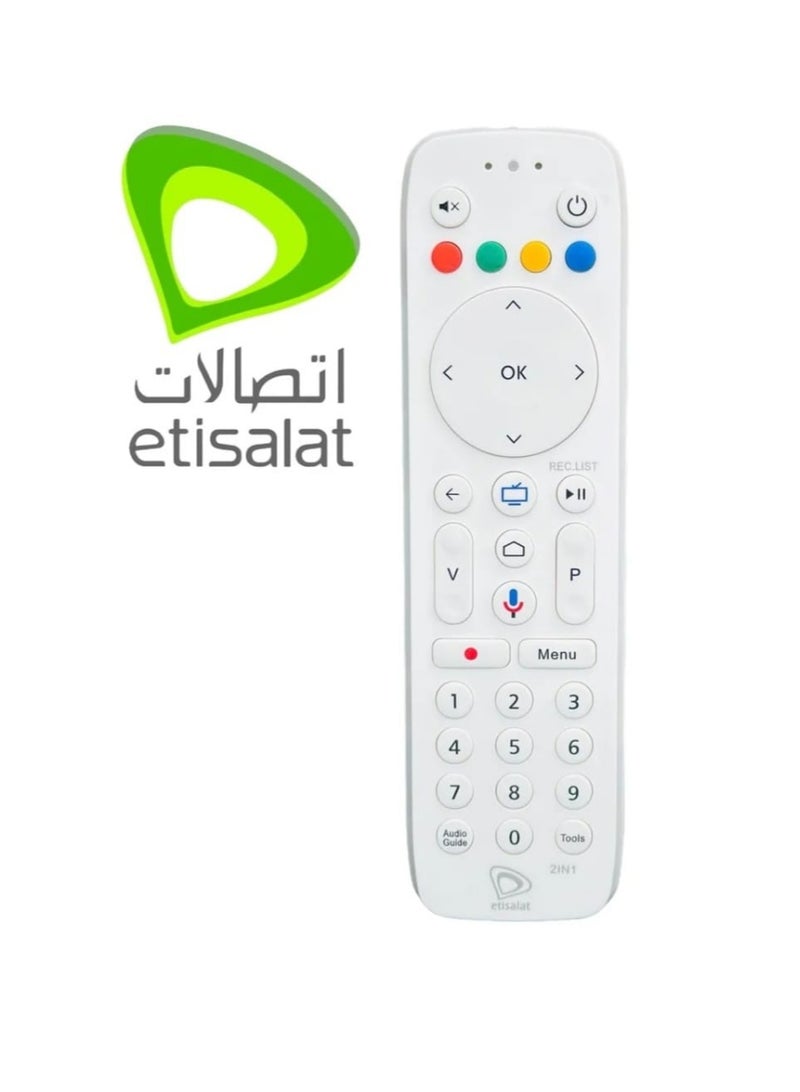 اتصالات جهاز تحكم عن بعد من اتصالات لجهاز الاستقبال مع خاصية الصوت - جهاز تحكم عالمي لأجهزة استقبال التلفزيون، كامل الوظائف، يتضمن بطاريتين مجانيتين، سهل التركيب، تصميم مريح، أبيض - Image 1
