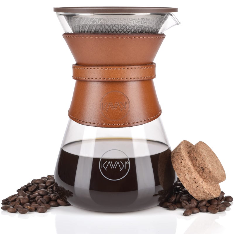 Kavako Pour Over Coffee Maker Set with DoubleLayer Stainless Steel Filter Coffee Dripper Cork Lid and Leather Collar Holder  High Heat Resistance Borosilicate Glass Carafe Great Gift Idea 37 oz