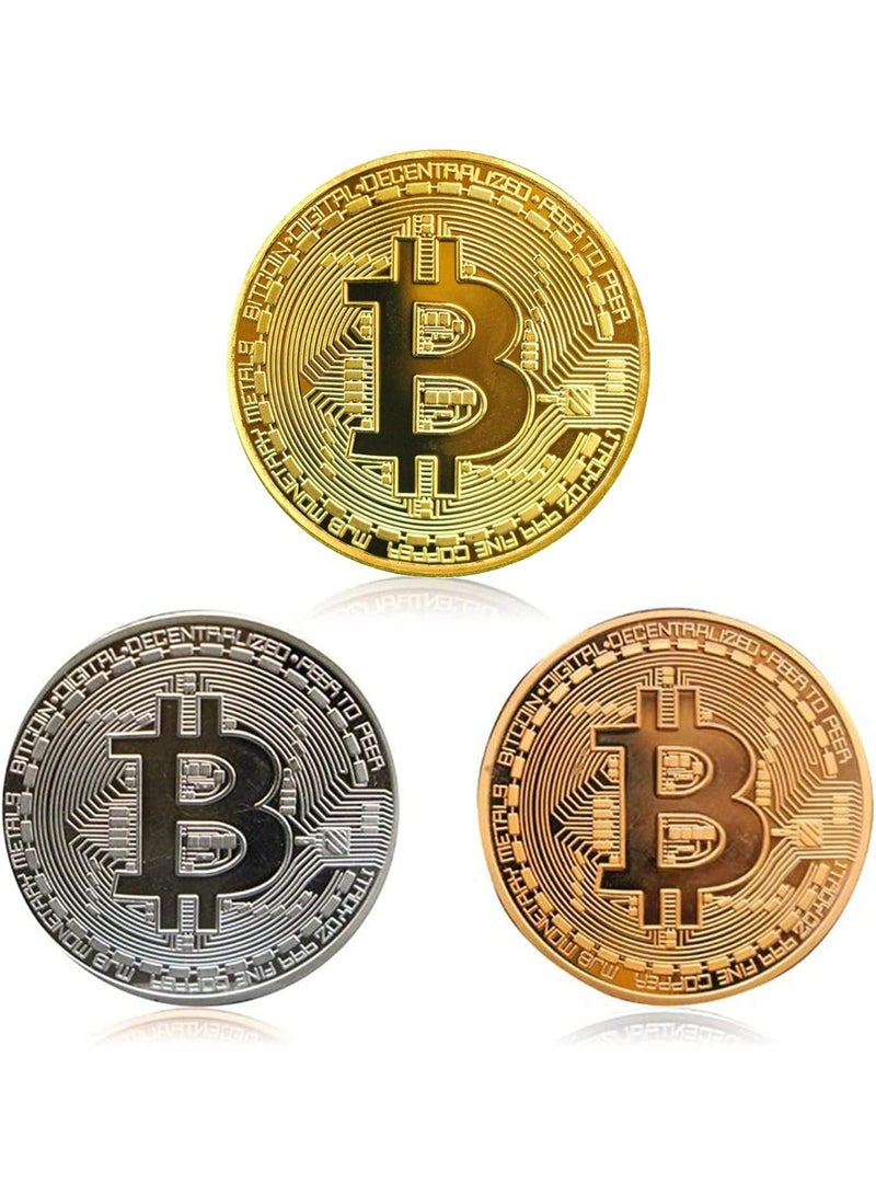 3Pcs Bitcoin Coin - Gold Silver and Bronze Physical Blockchain Cryptocurrency in Protective Collectable Gift, BTC Craft Souvenir (Gold, silver and copper) - Image 2
