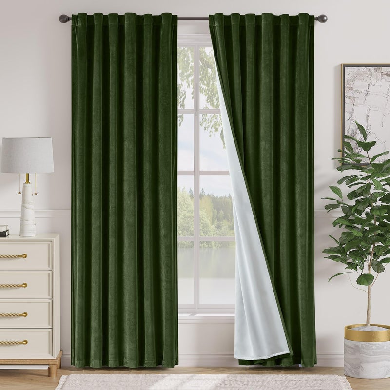 Lazzzy Green Velvet Curtains 84 Inch Long Blackout Thermal Insulated Room Darkening Lined Curtain Drapes Luxury Back Tab Window Treatments for Bedroom Living Room 2 Panels, 52 x 84 Inch, Moss Green - Image 1