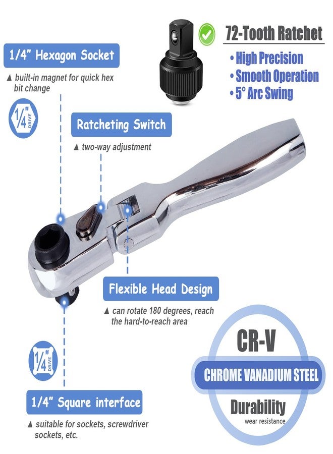 Mesee 1/4" Drive Ratchet Wrench, 2-In-1 Hex Bit Driver & Socket Wrench Flex Head Ratchet 72-Tooth Reversible Ratchet Wrench Mini Ratcheting Spanner Hand Repair Tool - Image 2