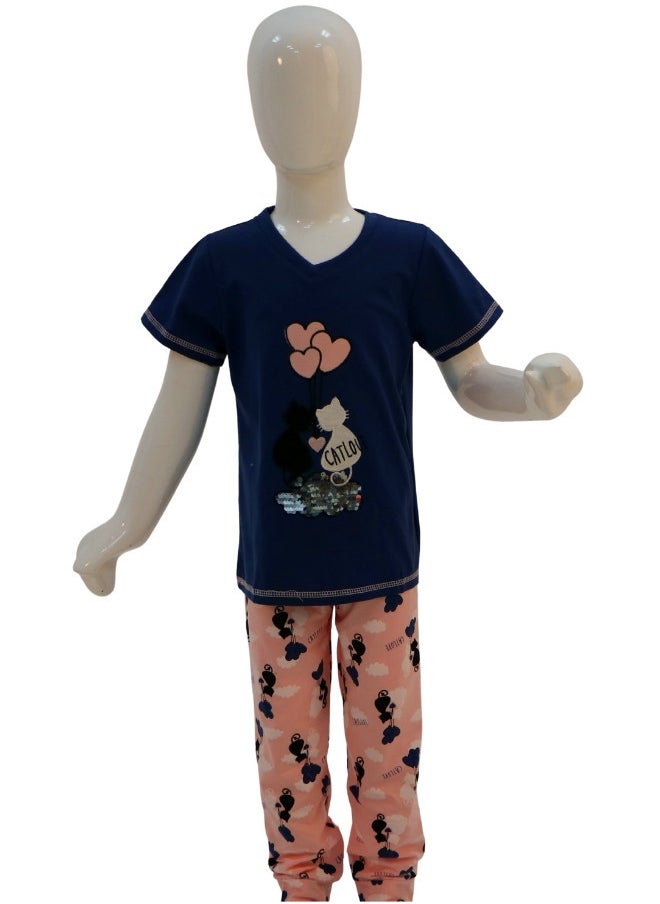 JOANNA - JOANNA Girl's Cat Love Print V-Neck Short Sleeve Shirt & Long Pants Pajama Set, Dark Blue - Image 1