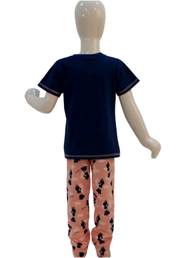 JOANNA - JOANNA Girl's Cat Love Print V-Neck Short Sleeve Shirt & Long Pants Pajama Set, Dark Blue - Image 1
