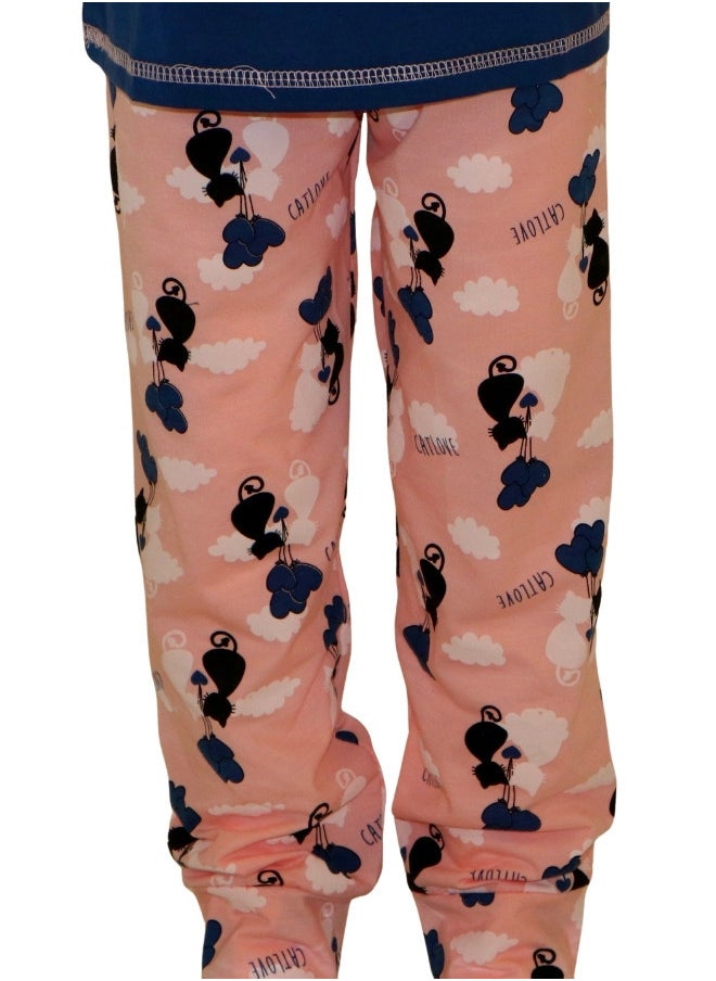 JOANNA - JOANNA Girl's Cat Love Print V-Neck Short Sleeve Shirt & Long Pants Pajama Set, Dark Blue - Image 1