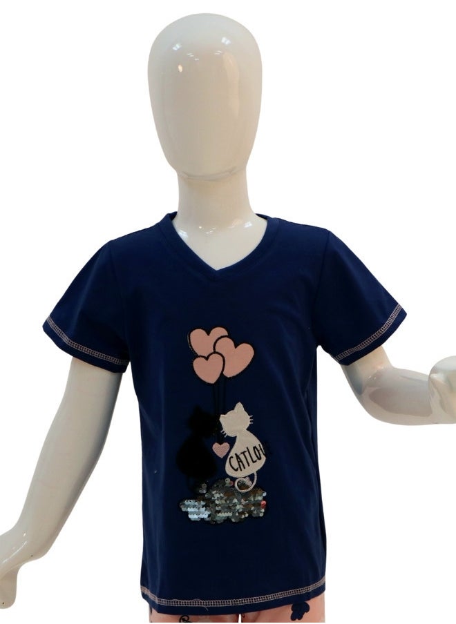 JOANNA - JOANNA Girl's Cat Love Print V-Neck Short Sleeve Shirt & Long Pants Pajama Set, Dark Blue - Image 1
