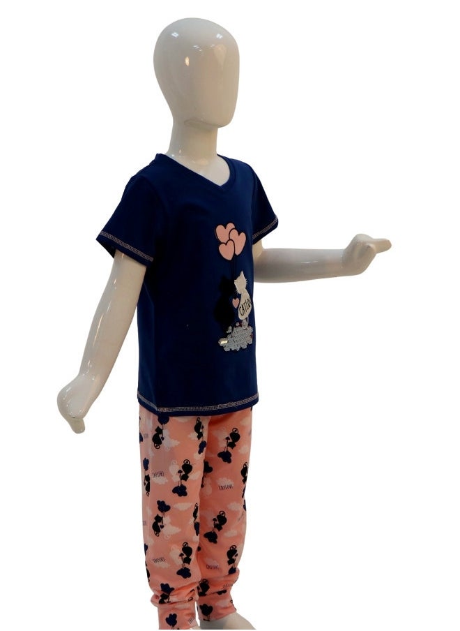 JOANNA - JOANNA Girl's Cat Love Print V-Neck Short Sleeve Shirt & Long Pants Pajama Set, Dark Blue - Image 1